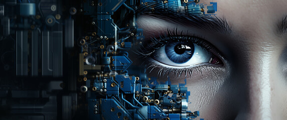 Konzept Künstliche Intelligenz, Maschinenlernen eines humanoiden Roboters, Cyborg, Mesch Maschine Kombination - obrazy, fototapety, plakaty