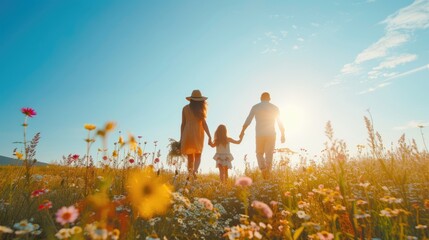A happy family holding hands walks through a grassy field of flowers, surrounded by the beautiful natural landscape and vast sky. AIG41