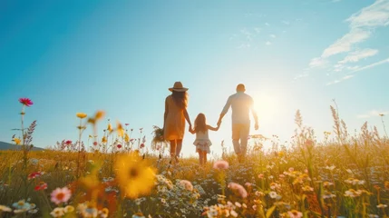 Foto auf Acrylglas A happy family holding hands walks through a grassy field of flowers, surrounded by the beautiful natural landscape and vast sky. AIG41 © Summit Art Creations