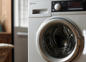 Fototapeta premium Washing machine with the laundry at home