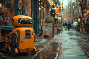 Fototapeta premium Robot courier on busy city roads, revolutionizing delivery logistics.