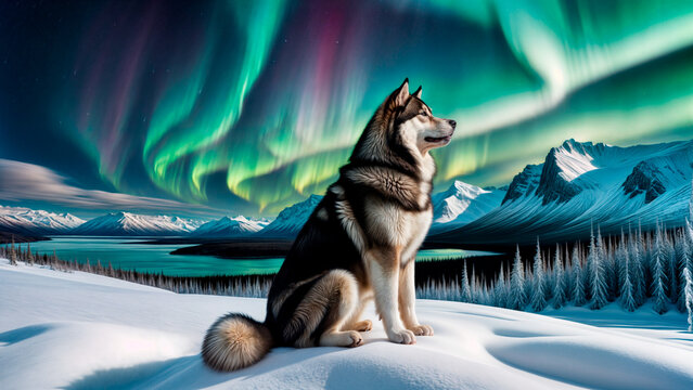 A husky dog sits on a snow-covered hill with a sky of green and pink Northern Lights above. 