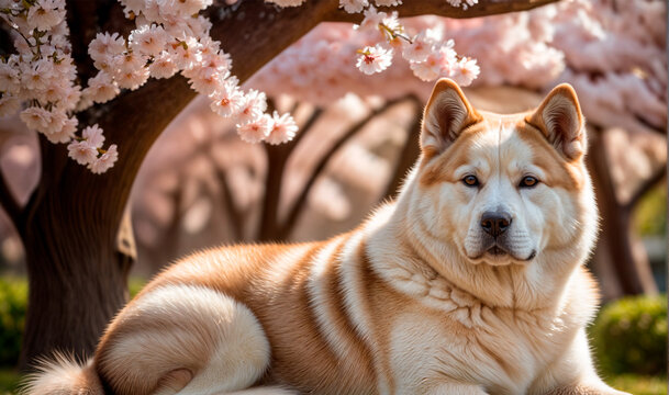 A tan and white Akita dog sits under a cherry blossom tree.