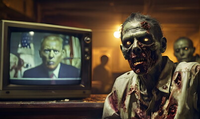 Zombies watching the tv propaganda - obrazy, fototapety, plakaty