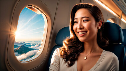 A woman sits in an airplane seat smiling. The sky is visible through the window behind her.