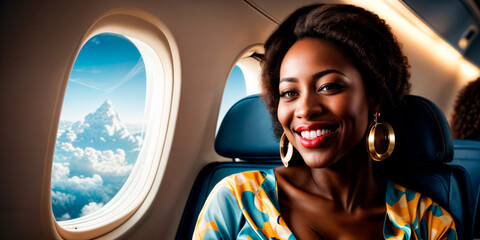 An African woman wearing a yellow headscarf and bright clothing sits in an airplane seat, smiling at the camera.
