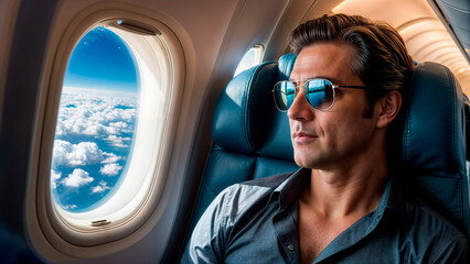 Naklejka premium A man wearing sunglasses sits in an airplane seat, looking out the window at the clouds below.