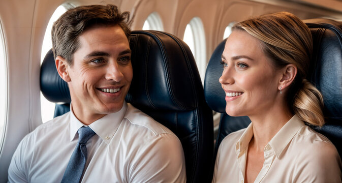 A man and woman dressed in business attire sit on an airplane and smile at each other.