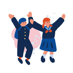 制服を着た両手を挙げて喜ぶ男女の学生のフラットでシンプルなイラスト
