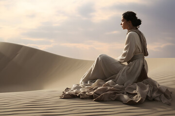 Fototapeta na wymiar Person sitting in the desert, desert person, ssitting on a dune