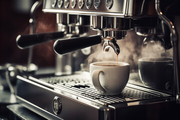Professioneller Kaffeevollautomat, Frisch gebrühter Kaffee, Espresso, Wasserdampf sieht edel aus