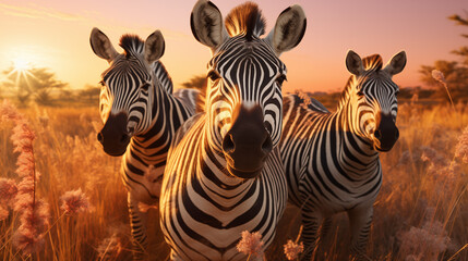 Fototapeta na wymiar Zebras stehen im hohen Gras, Gruppe von Zebras im Sonnenuntergang in der Savanne