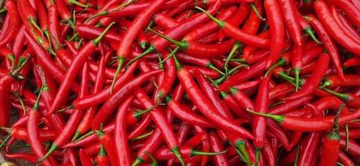 Pile of big Red Chili Peppers background ready sold in traditional market Indonesia. Vegetable...