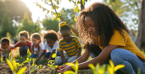 Diverse Group of Children Learning Gardening Outdoors in the Sunlight.  - obrazy, fototapety, plakaty