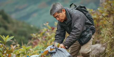 Man Collecting Trash in Nature - Environmental Conservation Effort Through Action