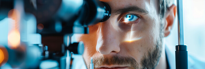 Doctor at Optical Clinic with Advanced Ophthalmoscope Equipment Looking into Patients Eyes Futuristic Eye Care Theme