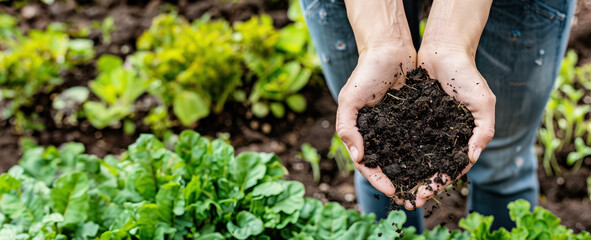 Hands Holding Rich Soil with a Green Vegetable Garden in the Background. Banner with copy space, urban gardening