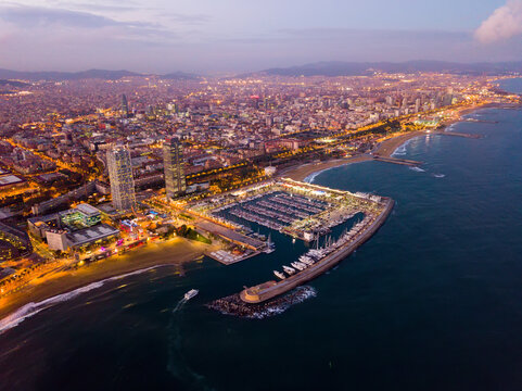Aerial view from drones of coast in Barcelona and center with building © JackF