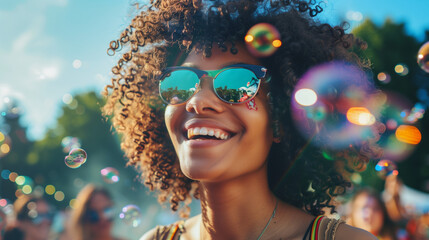 Happy Black Woman at Music Festival or Party with Rainbow Hair Sunglasses and Bubbles