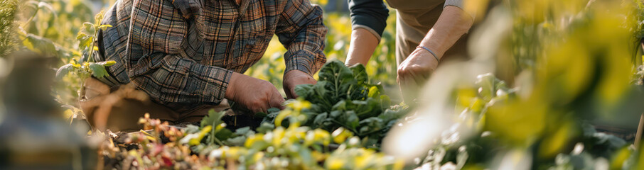 Farmers Harvesting Crops in Field, Agricultural Workers Tending to Plants. Composting and gardening. Banner - 750255235