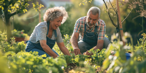 Senior Couple Enjoying Gardening Together in Sunny Green Garden - Powered by Adobe