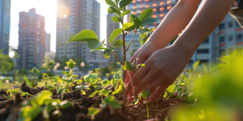 Urban Gardening - Hand Tending to Young Green Plant in City Environment
