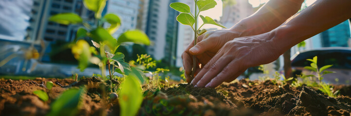 Hands nurturing a young plant in urban garden setting with sunlight. Banner with copy space