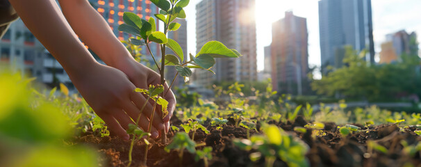 Urban Greening: Hands Planting Young Tree in City's Heart Amidst Skyscrapers at Sunset. Urban gardening.