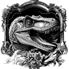 Monochrome Illustration of Detailed Tyrannosaurus Rex Head with Floral Elements