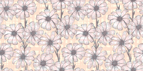 Textured light pink seamless pattern with engraving white chamomile flowers. Vintage sketch hand drawn gerbera flower botanical print for textile, wrapping paper, background