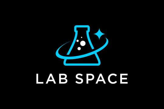 Space laboratory conical flask logo design with star orbit elements.