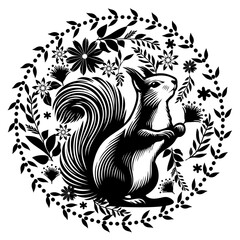 black and white vector silhouette illustration, cute squirrel in round botanical frame	
