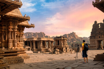 A male tourist photographer at the ancient stone architecture ruins of Vijaya Vittala temple at...