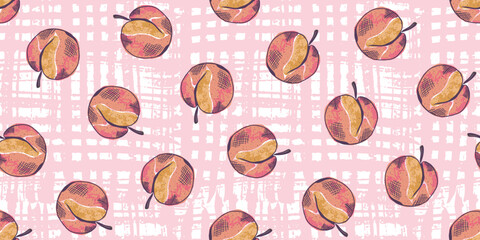Cute bright pink colours seamless pattern with sketch coral peach fruits on textured striped background. Abstract pop art peaches print for textile design, wrapping paper, surface