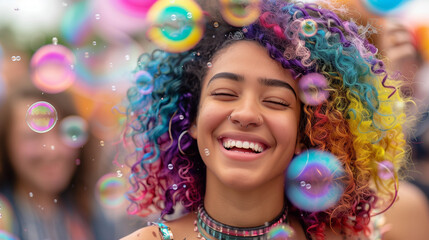 Fototapeta na wymiar Happy Black Woman at Music Festival or Party with Rainbow Hair and Bubbles