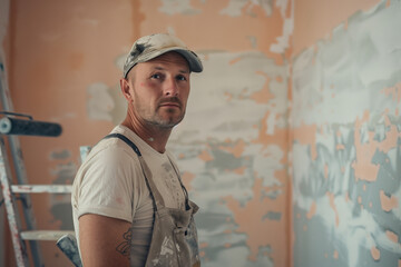 Painter in a room of a building under construction, man plastering walls working with professionalism and copy space