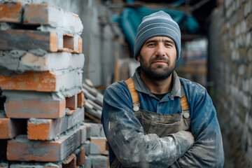 Bricklayer man next to brick walls and stained with construction cement with arms crossed