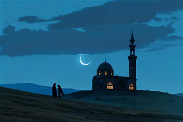 Muslims Go back to a little Mosque in the meadow hill at blue night with crescent moon