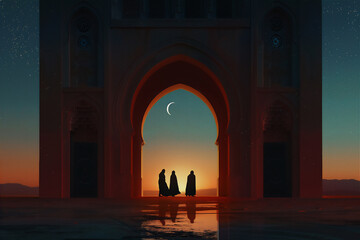 Fototapeta premium Muslims Go back from the Mosque in the desert at sunset