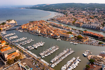 Drone view of the administrative center of the city of Martigues, located on the Mediterranean coast, in the south-east of ..France