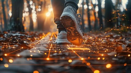 A persons feet navigating through an ARgenerated path showing realtime updates of potential obstructions or barriers along the way. - obrazy, fototapety, plakaty