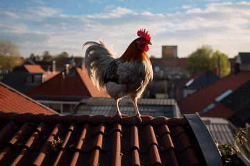 Foto auf Alu-Dibond Rooster on a Roof, chicken on roof, rooster chicken sitting on a roof in the morning © MrJeans