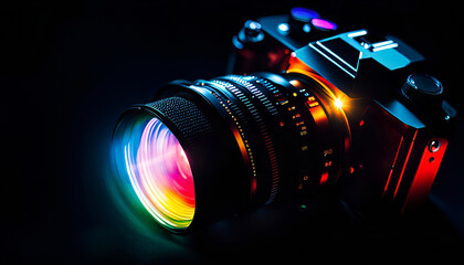 Fototapeta na wymiar A camera on a black background with rainbow light blurs. 