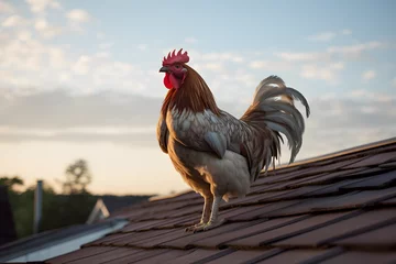 Foto auf Acrylglas Rooster on a Roof, chicken on roof, rooster chicken sitting on a roof in the morning © MrJeans