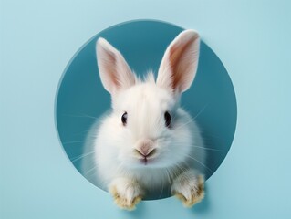 Obraz premium a cute realistic white rabbit peeking through a hole on a blue background. The hole is round and has black edges. The background is light and uniform blue.