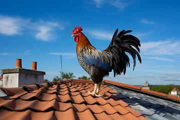 Rugzak Rooster on a Roof, chicken on roof, rooster chicken sitting on a roof in the morning © MrJeans