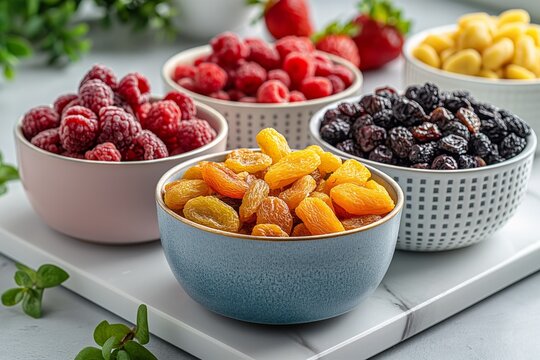 Assorted dried fruits in ceramic bowls