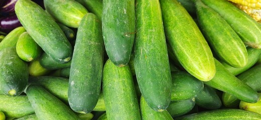 Stack of harvest fresh cucumbers background. Ready for cuisine dish. Sold in traditional market in Indonesia