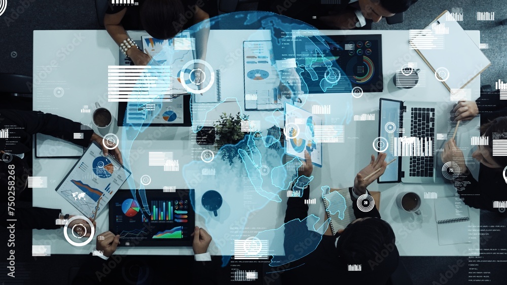 Poster top down aerial view of skilled business team listening manager present global networking system whi