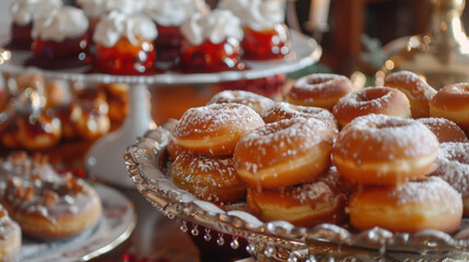 The enticing aroma of freshly made latkes and sufganiyot or jellyfilled doughnuts fills the air as they sit on a platter on the heavily decorated table.